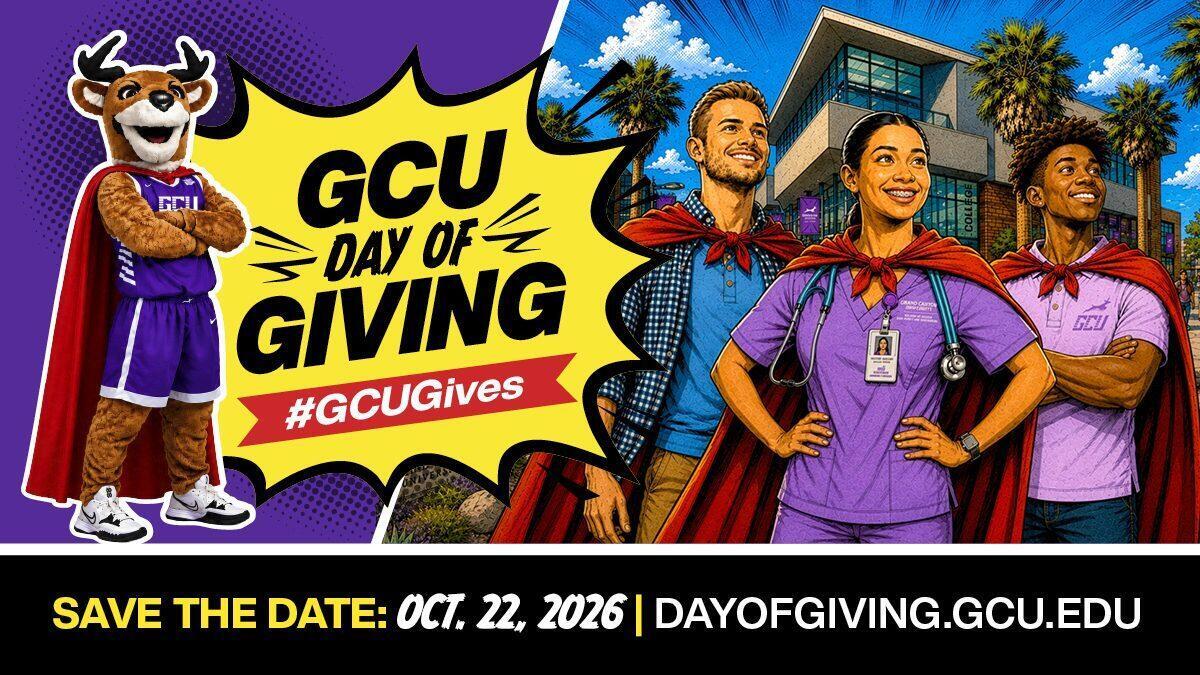 GCU Day of Giving landscape post with Thunder and caped students, save the date Oct. 22, 2026