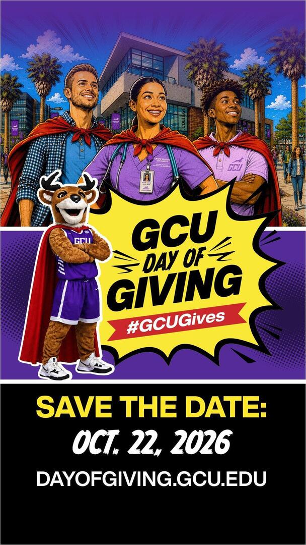 GCU Day of Giving story graphic with caped students and Thunder, save the date Oct. 22, 2026