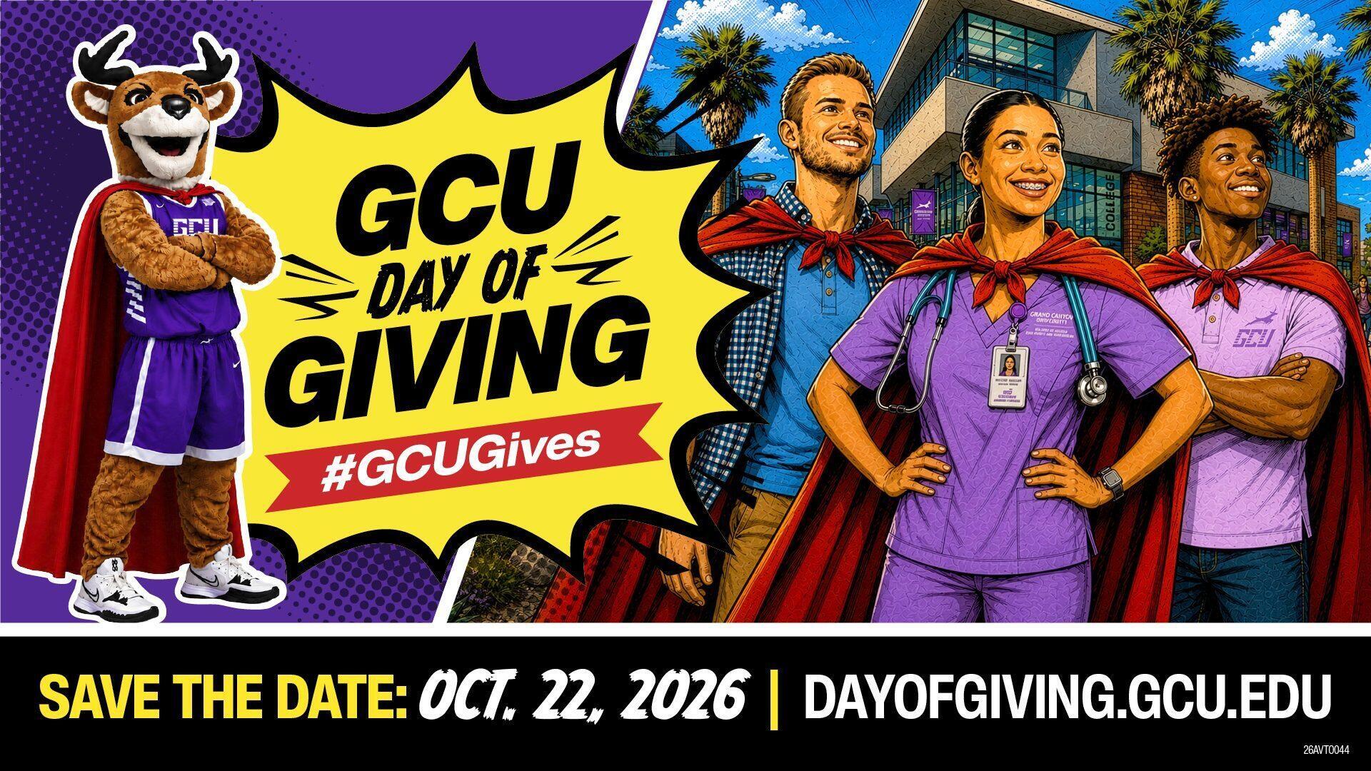 GCU Day of Giving widescreen display graphic, save the date Oct. 22, 2026