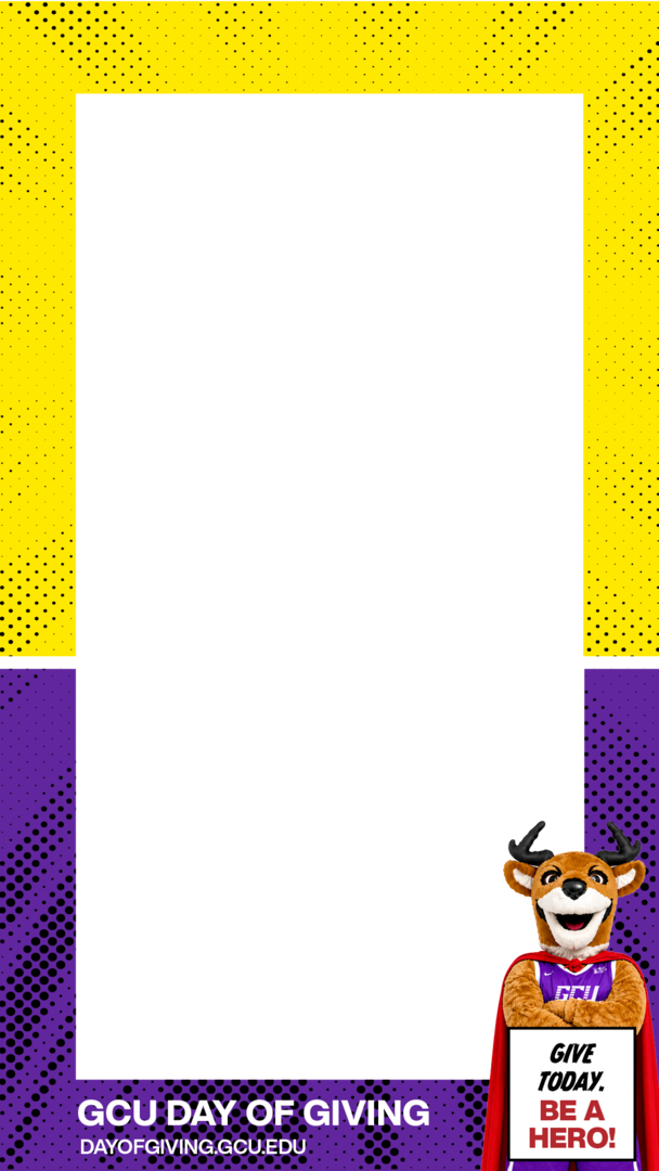 Vertical story frame with yellow and purple halftone border and Thunder holding a Give Today, Be a Hero sign