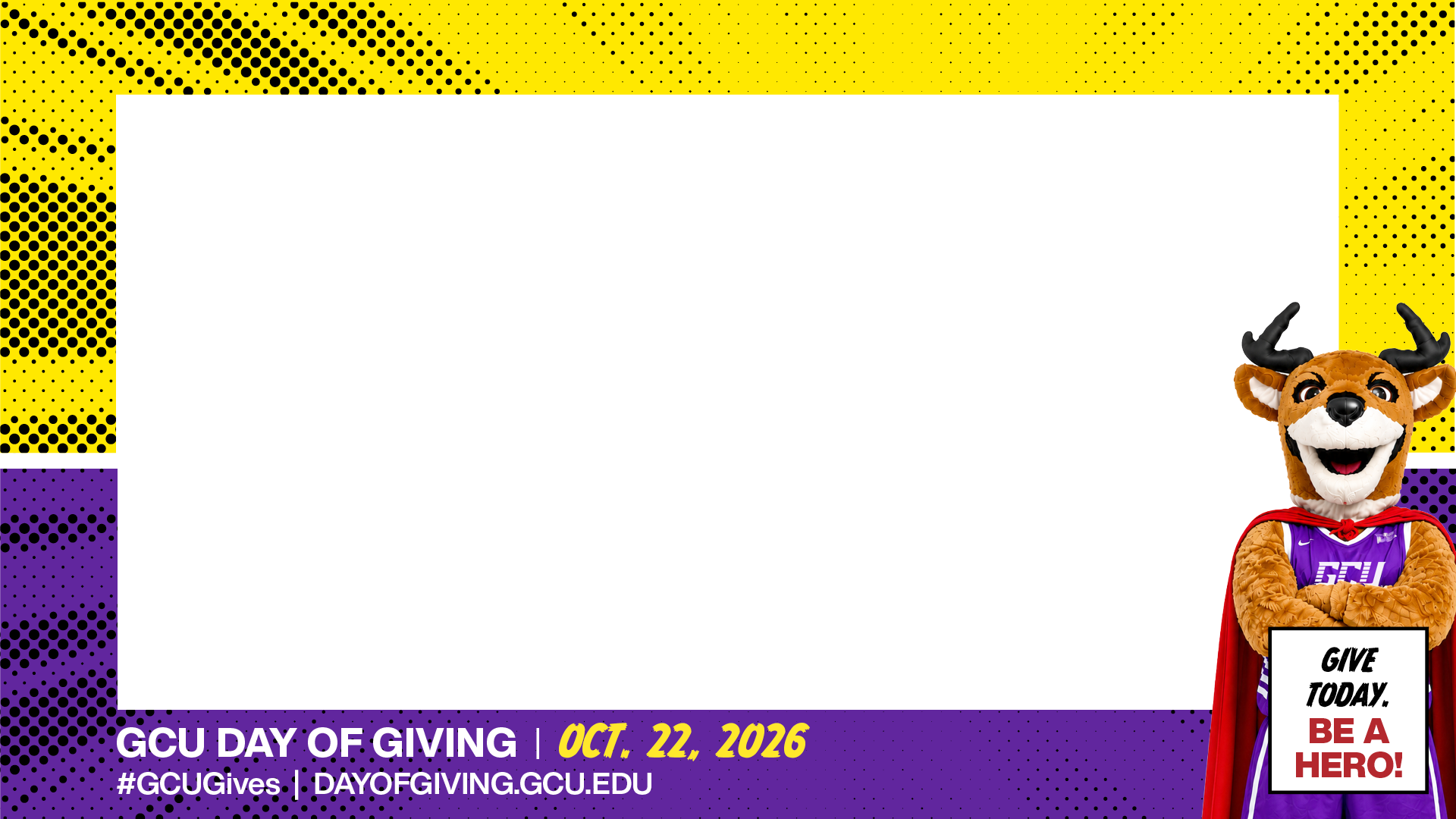 Landscape photo frame with halftone border, Oct. 22, 2026 date and Thunder holding a Give Today, Be a Hero sign