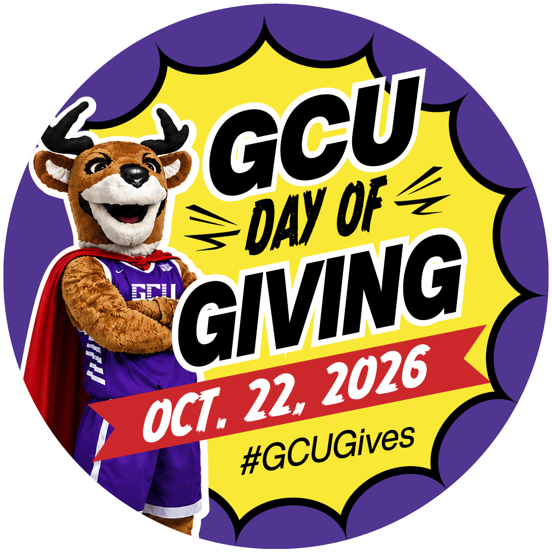 Round GCU Day of Giving sticker with Thunder, Oct. 22, 2026, #GCUGives