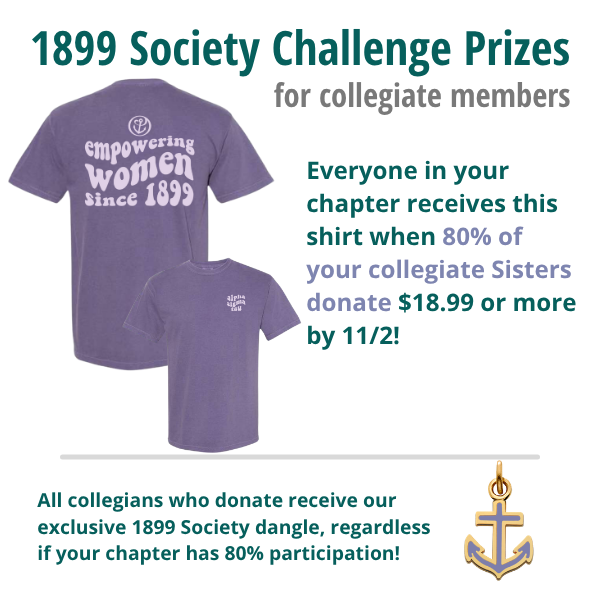 Coral t-shirt with "Empowering women since 1899" design with text: "Everyone in your chapter receives this shirt when 80% of your collegiate Sisters donate $18.99 or more by 11/3! Another image of a yellow anchor dangle with text: All collegiate Sisters receive our exclusive 1899 Society dangle, regardless if your chapter has 80% participation